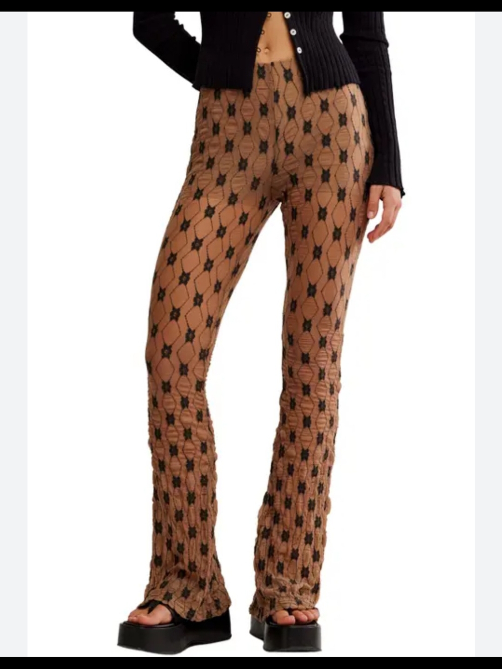 Free People Brown Mesh Flare Pants with Black Pattern